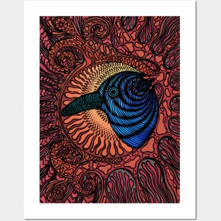 Crow - bird drawing (blue and red version) Posters and Art